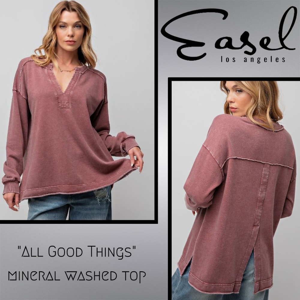 EASEL "All Good Things" Loose & Soft Mineral Washed Top V-Neck Side & Back Slits